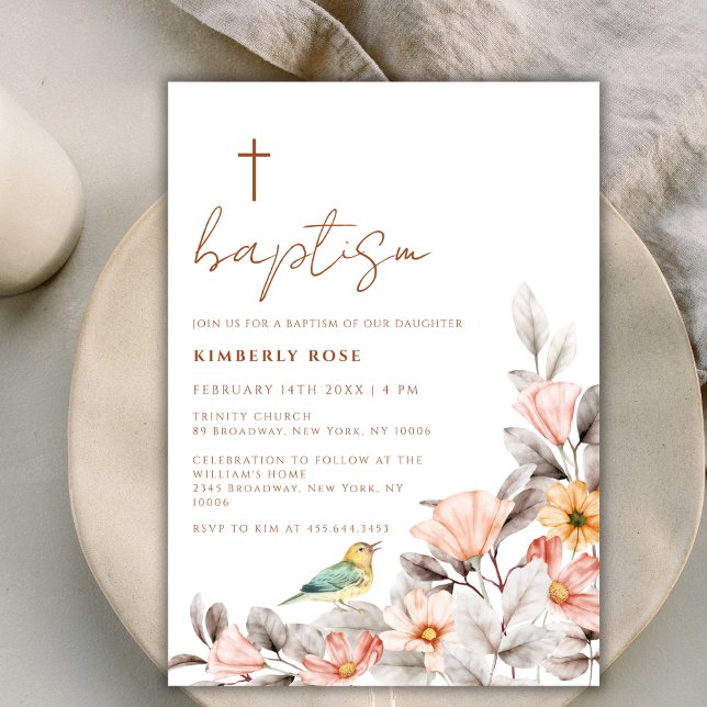 Rustikale moderne Boho-Wildblume überquert Taufe Einladung (Rustic Modern Boho Wildflower Cross Baptism Invitation)