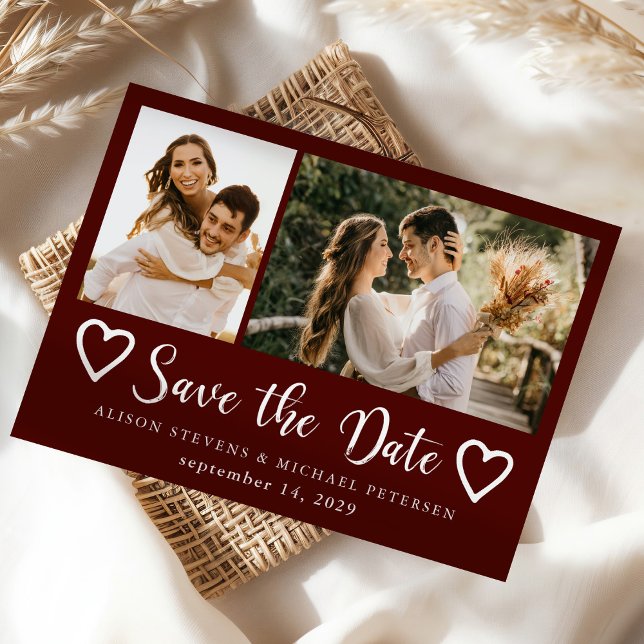 Rustikale moderne burgunderrote Hochzeit mit 2 Fot Save The Date (Von Creator hochgeladen)