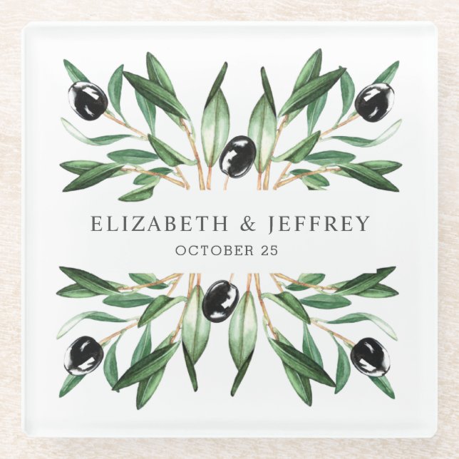 Rustikale, moderne geometrische Olivenzweige Hochz Glasuntersetzer (Vorderseite)