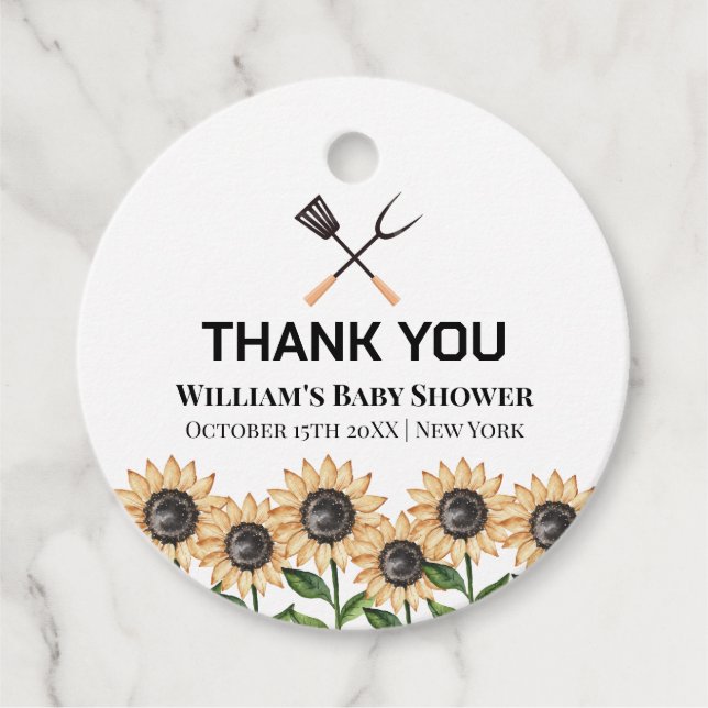 Rustikale Moderne GRILLEN Sonnenblume Babydusche Geschenkanhänger (Vorderseite)