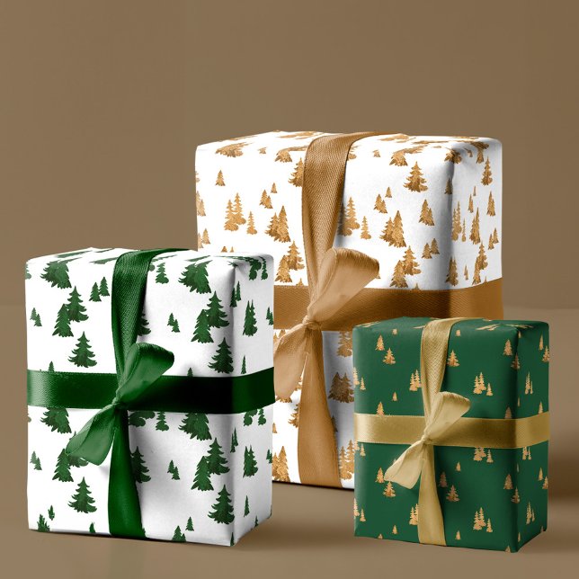 Rustikale moderne Imitate Goldene und grüne Pinien Geschenkpapier Set (Rustic Modern Faux Gold & Green Pine Tree Forest Wrapping Paper Sheets)