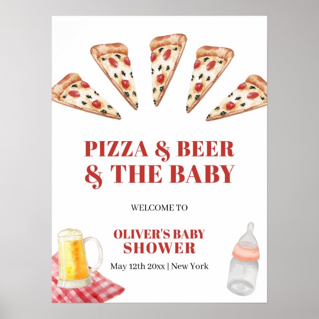 Rustikale moderne Pizza Beers Baby Dusche Herzlich Poster (Vorne)