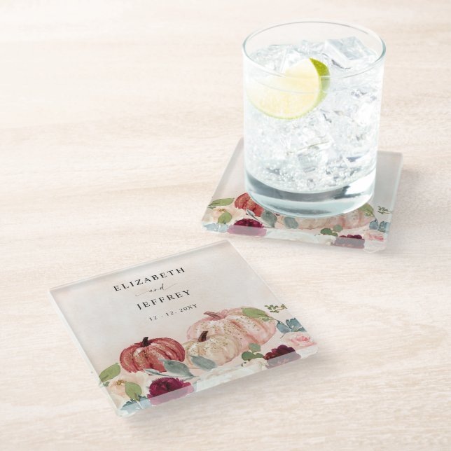 Rustikale moderne Pumpkins Land Hochzeit im Herbst Glasuntersetzer (Schrägansicht)