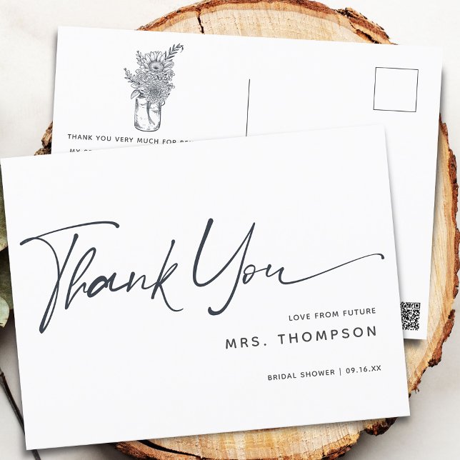Rustikale moderne Schrift Brautparty Dankeschön Postkarte (Bridal Shower Script Thank You Postcard)
