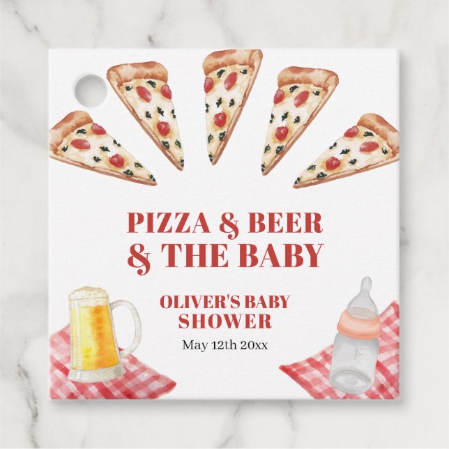Rustikale moderne Slice Pizza Beers Babydusche Geschenkanhänger (Vorderseite)