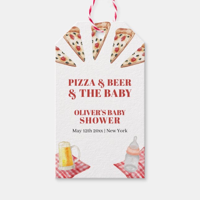 Rustikale moderne Slice Pizza Beers Babydusche Geschenkanhänger (Vorderseite)