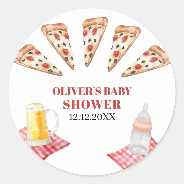 Rustikale moderne Slice Pizza Beers Babydusche Runder Aufkleber (Vorderseite)