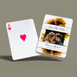 Rustikale moderne Sonnenblumen Foto Hochzeit rett  Spielkarten