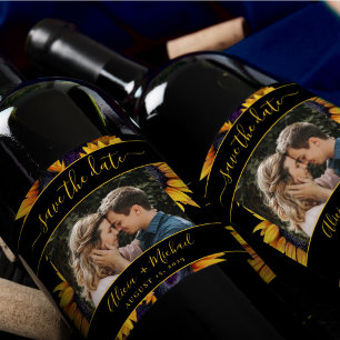 Rustikale moderne Sonnenblumen Hochzeitsstichtag F Weinetikett