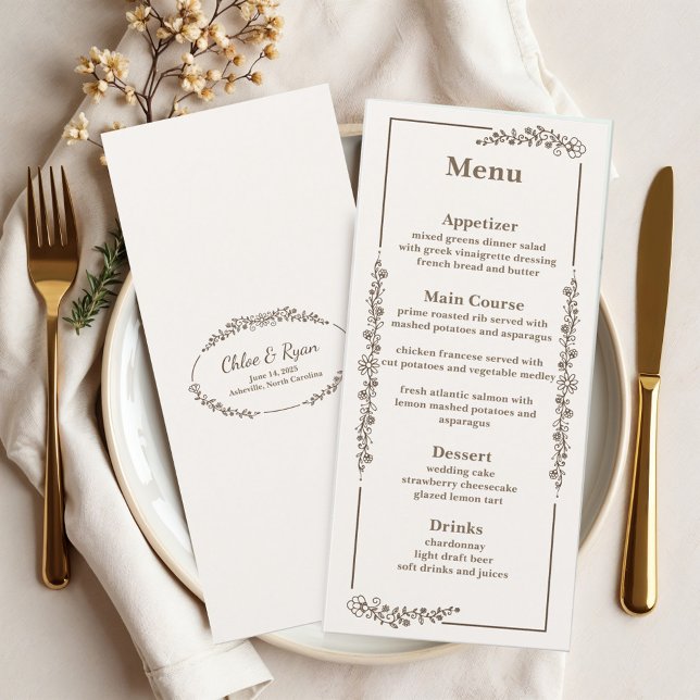 Rustikale Monchrome Floral Wedding Menükarte (Von Creator hochgeladen)