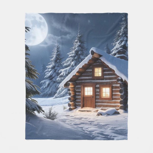 Rustikale Mondlicht Gemütliche Winterhütte Fleecedecke (Vorderseite)