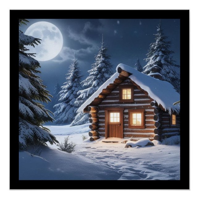 Rustikale Mondlicht Gemütliche Winterhütte Poster (Vorderseite)