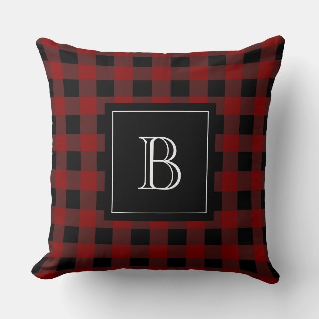 Rustikale Monogram Red Black Buffalo Karo Kariert Kissen (Vorderseite)