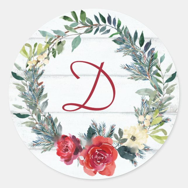 Rustikale Monogram Wasserfarbe Weihnachten Runder Aufkleber (Vorderseite)