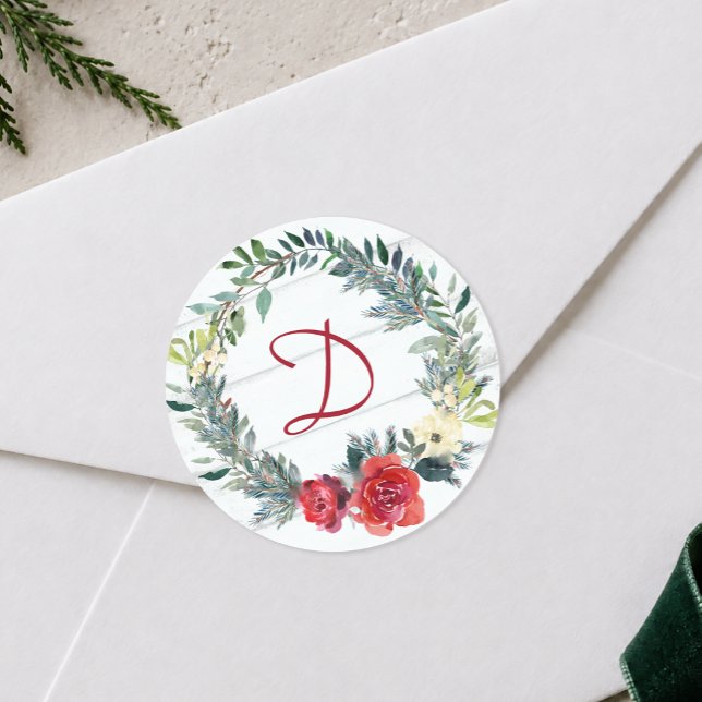 Rustikale Monogram Wasserfarbe Weihnachten Runder Aufkleber (Rustic Watercolor Wreath Monogram Christmas Classic Round Sticker)