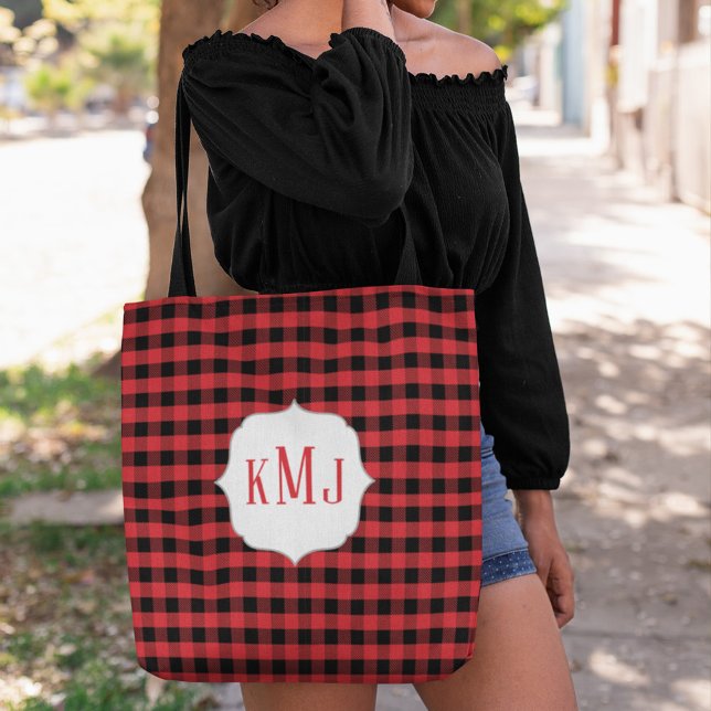 Rustikale Monogramm Büffel Karo individuell (Red and black tote bag with monogram. )