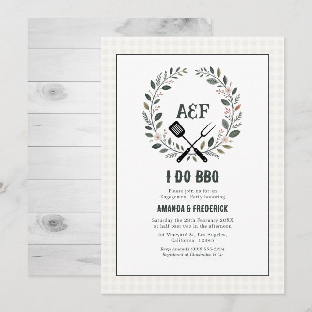 Rustikale Monogramm-Ich-mache-BBQ-Hochzeitsparty Einladung (Vorne/Hinten)