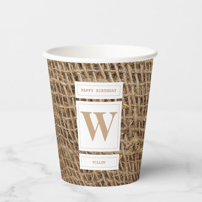 Rustikale Monogramm-Initiale aus Jute Pappbecher (Vorderseite)