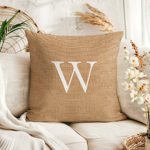 Rustikale, monogrammierte Faux-Jute-Burlap- Kissen