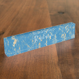 Rustikale Muster der Goldfolie Blauer Monogramm Na Namensplakette