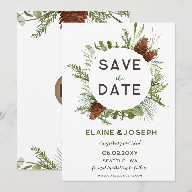 Rustikale Nadelkiefer-Hochzeit Sichern Sie das Dat Ankündigung (Vorne/Hinten)