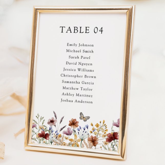 Rustikale Namen der Boho-Wildblume Tischnummer (Rustic Boho Wildflower Names Table Number Sign with Butterfly by Painted Paperie
)