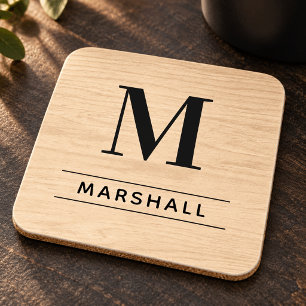 Rustikale natürliche Holz-Serifenschrift-Monogramm Getränkeuntersetzer