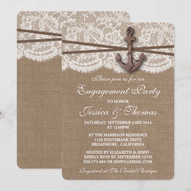 Rustikale Nautic Anchor Beach Engagement Party Einladung (Vorne/Hinten)