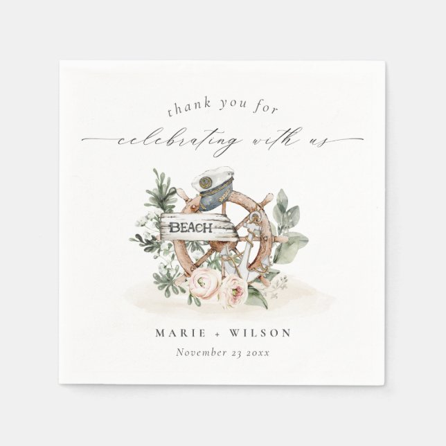 Rustikale Nautical Anchor Wheel Leafy Floral Weddi Serviette (Vorderseite)