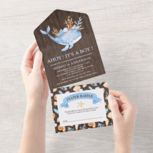Rustikale nautische blaue Wal-Holz-Baby-Party All In One Einladung