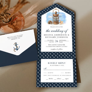 Rustikale nautische Laterne Navy Blau Hochzeit All In One Einladung