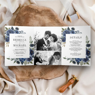 Rustikale Navy-Blau-Blumen-Foto-Collage-Hochzeit Dreifach Gefaltete Einladung