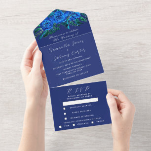 Rustikale Navy-Blau-Blumen-Watercolor-Hochzeit All In One Einladung
