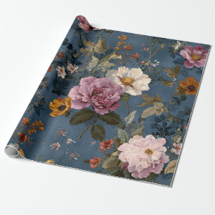 Rustikale Navy-Blau-Botanik-Elegante-Vintage-Blume Geschenkpapier