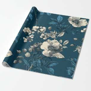 Rustikale Navy-Blau-Botanik-Elegante-Vintage-Blume Geschenkpapier