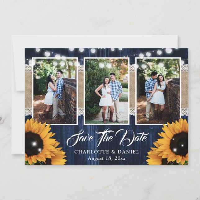 Rustikale Navy-Blau-Holz-Sonnenblumen-Hochzeitsfot Save The Date (Vorderseite)