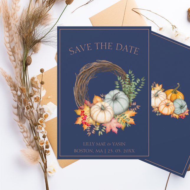 Rustikale Navy Blauer Herbst Pumpkins Hochzeit Save The Date (Von Creator hochgeladen)