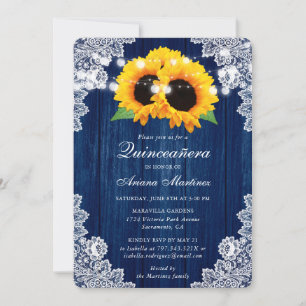 Rustikale Navy Blauer Sonnenblumen Holz Spitzen Qu Einladung