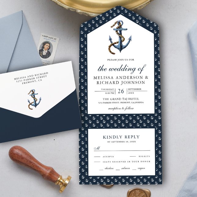 Rustikale Navy Blue Anchor Nautical Wedding All In One Einladung (Von Creator hochgeladen)