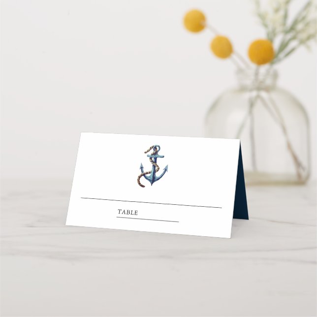 Rustikale Navy Blue Anchor Nautical Wedding Platzkarte (Vorderseite)