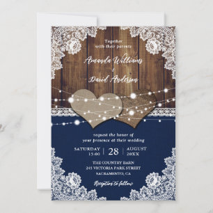 Rustikale Navy Blue Barn Wood Burlap Lace Wedding Einladung