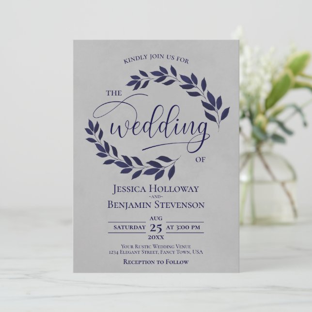 Rustikale Navy Blue Blätter Elegante Gray Wedding Einladung (Stehend Vorderseite)