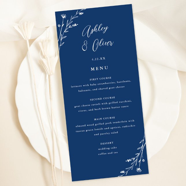 Rustikale Navy Blue Botanical Wedding Menu Card Programm (Von Creator hochgeladen)