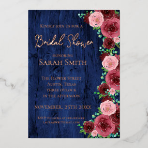 Rustikale Navy Blue Burgundy Brautparty Rose Gold Folieneinladung