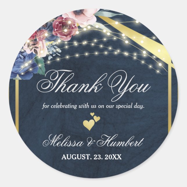 Rustikale Navy Blue Burgundy String Lights Hochzei Runder Aufkleber (Vorderseite)