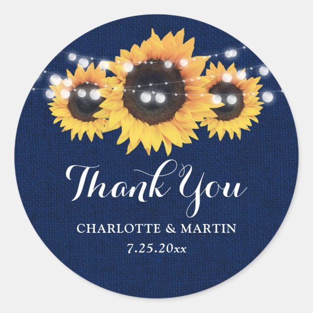 Rustikale Navy Blue Burlap Sonnenblume Gastgeschen Runder Aufkleber (Vorderseite)