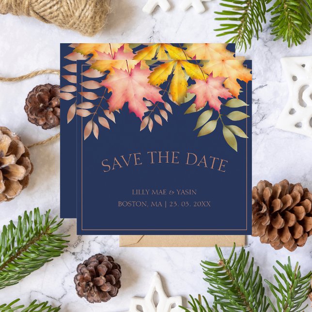 Rustikale Navy Blue Fall Herbst Leaves Hochzeit Save The Date (Von Creator hochgeladen)