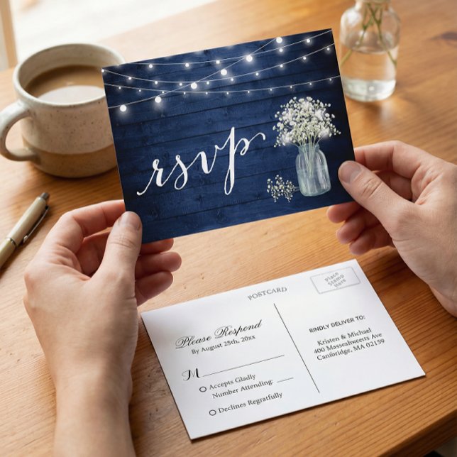 Rustikale Navy Blue Gipskraut String Lights UAWG Einladungspostkarte (Von Creator hochgeladen)