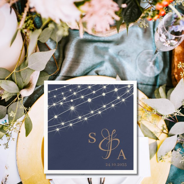 Rustikale Navy Blue & Gold String Lichter Serviette (Von Creator hochgeladen)