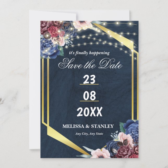 Rustikale Navy Blue Gold String Lights Hochzeit Save The Date (Vorderseite)